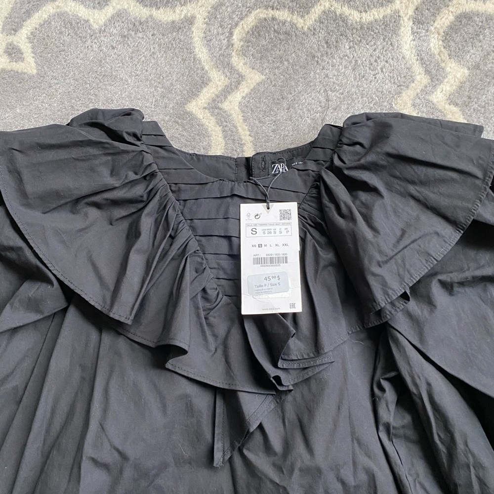 Zara New Cotton Black Ruffled Sleeve Button Down Long Sleeve Cotton Shirt - Picture 4 of 4